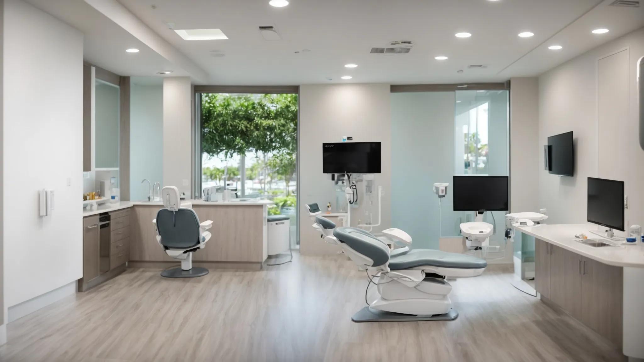 a modern dental clinic in lake worth, adorned with sleek, high-tech equipment, showcases a welcoming consultation area where a diverse group of patients engages with friendly dental professionals discussing affordable dentures and implants, emphasizing accessibility and quality care in a bright, inviting atmosphere.