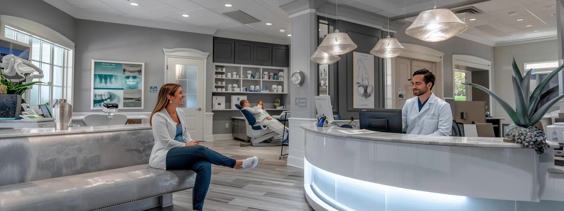 a modern dental clinic in tyler showcases a confident patient smiling brightly, with a dentist in a pristine white coat discussing the transformative benefits of denture implants against a backdrop of sleek, state-of-the-art dental technology.
