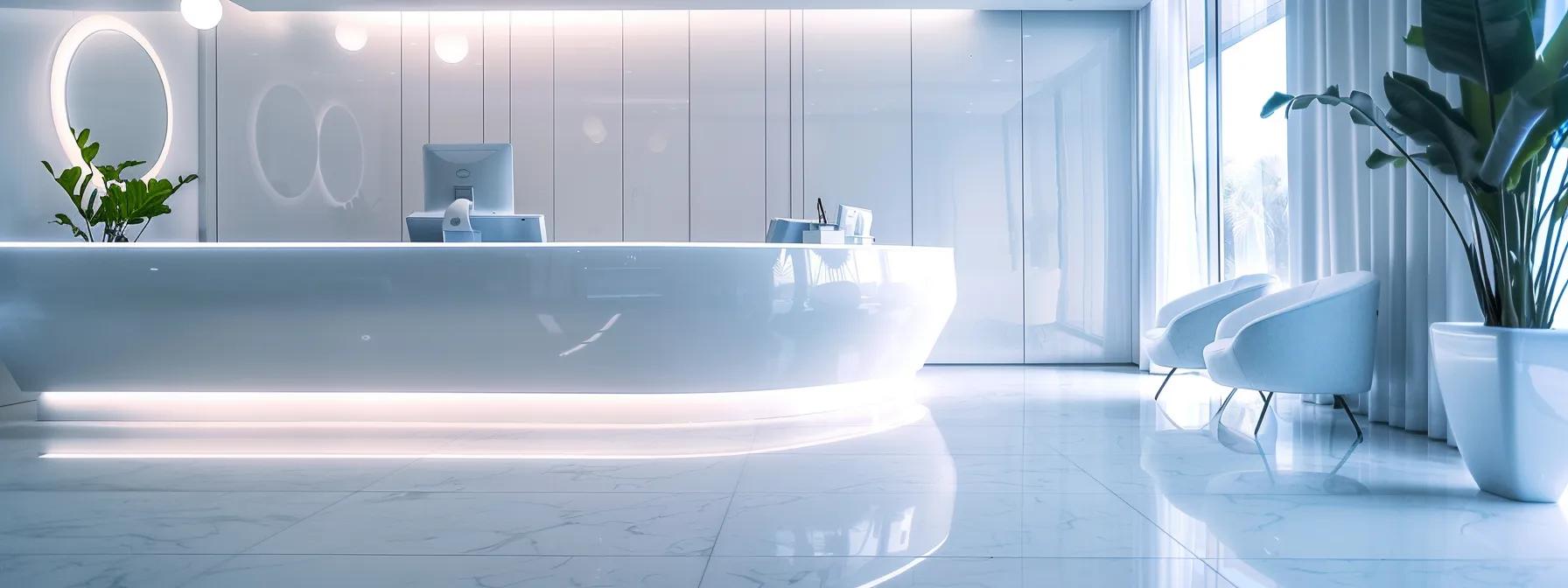 a modern dental clinic reception area in lake worth, texas, featuring a welcoming, clean aesthetic with a smiling receptionist at a sleek front desk, while patients comfortably wait in stylish chairs, reflecting a stress-free environment for scheduling affordable dental appointments.