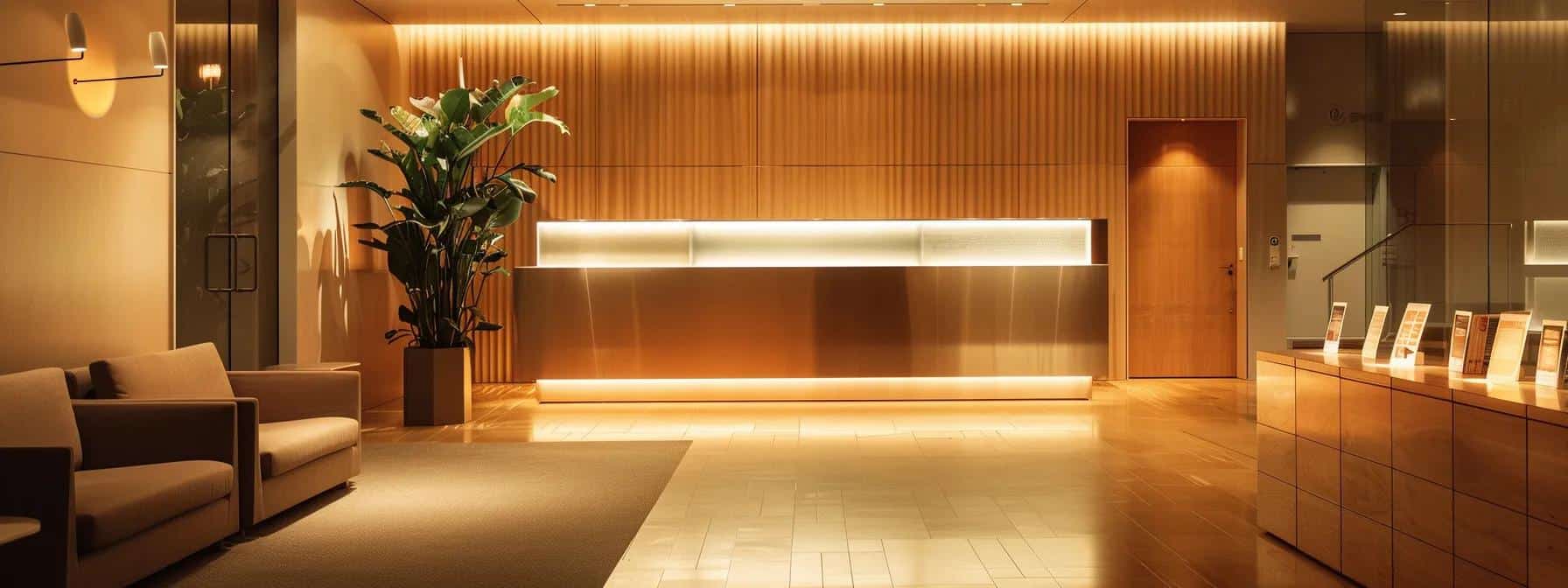 a modern dental clinic reception area showcases a sleek desk and comfortable seating, with informational brochures about various financing options for dentures and implants prominently displayed, all under warm, inviting lighting that emphasizes a professional and approachable atmosphere.