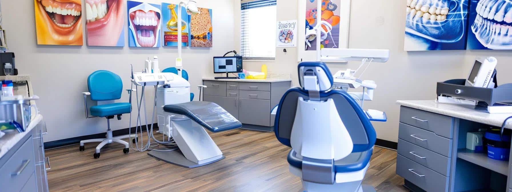 a modern dental office in lake worth, texas, features a welcoming reception area with sleek furnishings and colorful dental posters, symbolizing accessible financial solutions for affordable dental care.