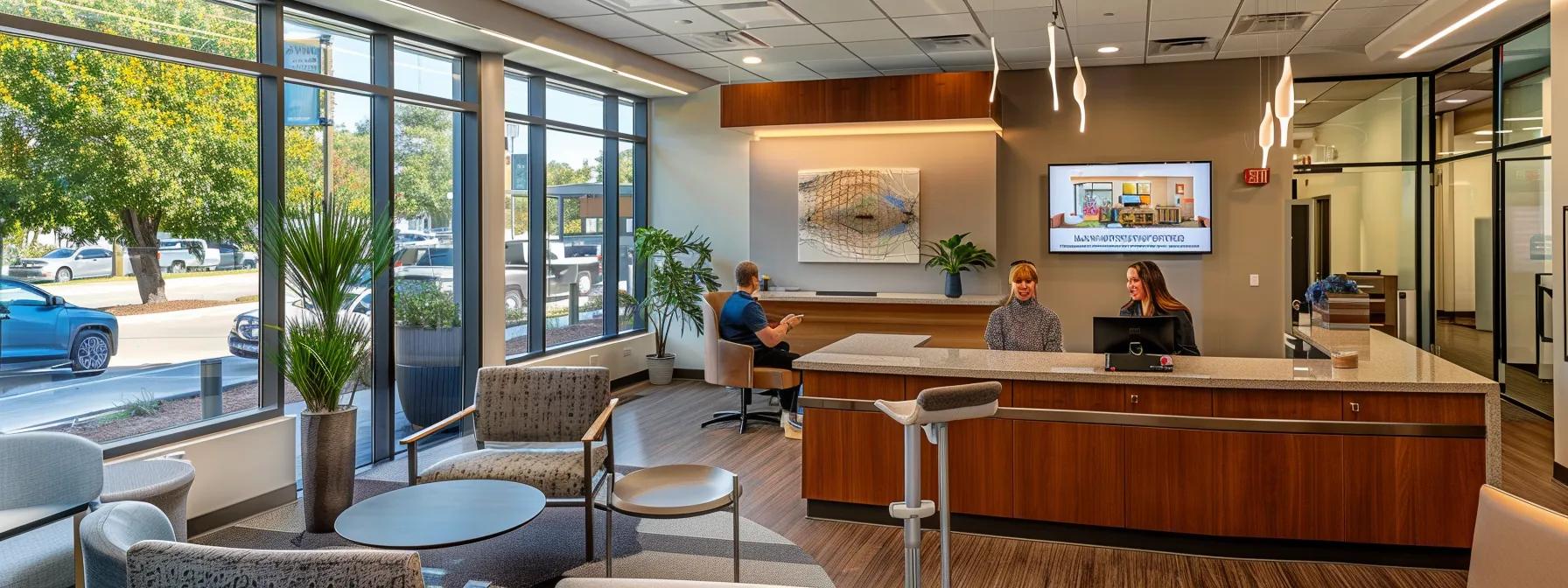 a professional dental office setting showcases a warm and inviting consultation room, featuring a dentist engaging with a patient using a digital imaging device, emphasizing the personalized and high-tech approach to obtaining dentures in tyler.