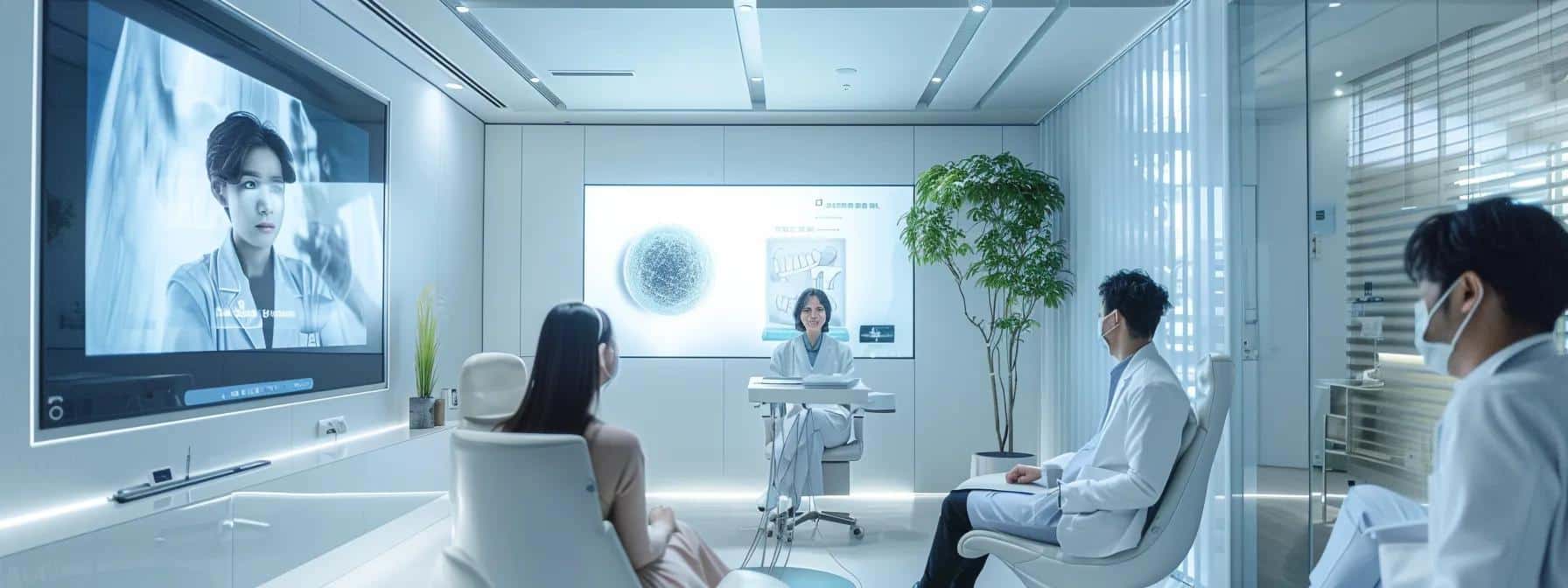 a sleek, modern dental consultation room features a confident patient engaging in an in-depth discussion with a professional dentist, surrounded by advanced dental imaging technology and informative visuals that highlight personalized treatment options for dentures and implants.