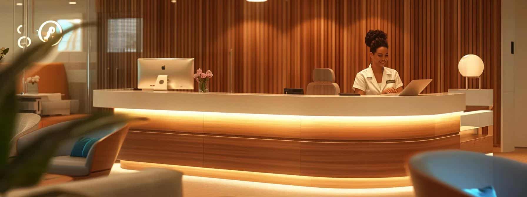 a sleek, modern dental office reception area, featuring a friendly staff member seated at a polished desk with a digital tablet, warmly assisting a patient with information about flexible payment plans for dental treatments.