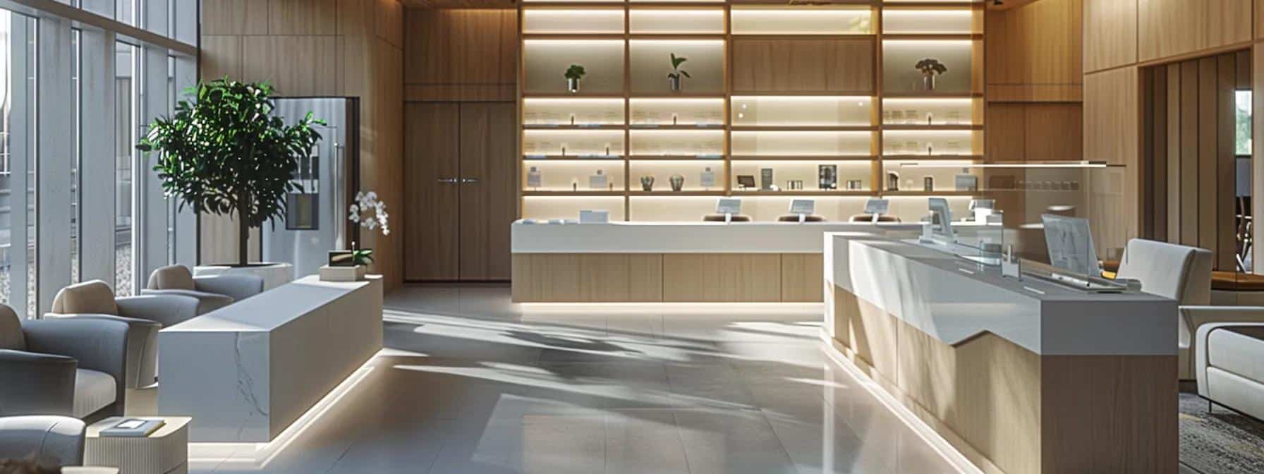 a sophisticated dental clinic interior showcases an array of realistic, high-quality denture options displayed elegantly on modern cabinetry, emphasizing comfort, aesthetics, and personalized care in a professional setting.