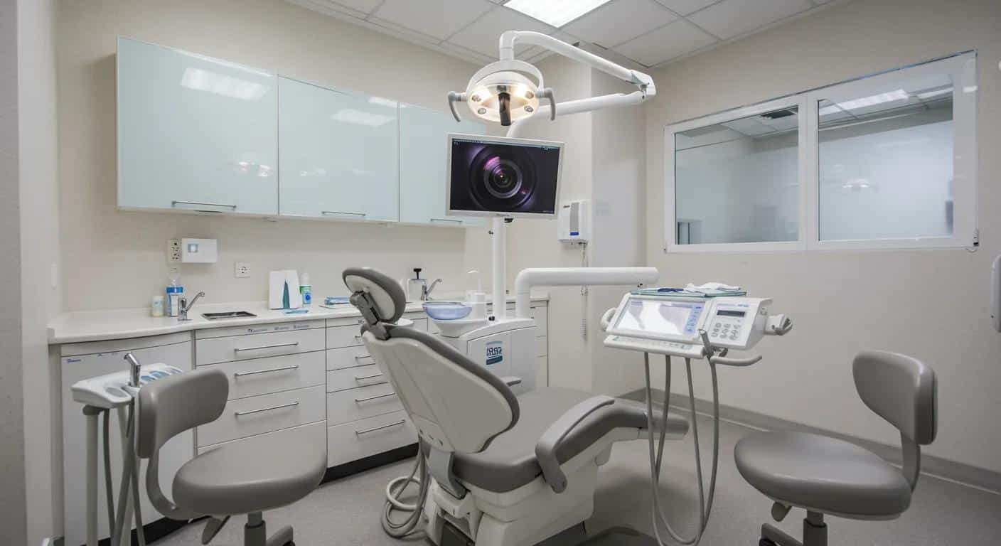 a modern dental office showcases a pristine examination room featuring an array of dental tools and bright lighting, emphasizing the importance of maintaining and repairing affordable dentures and implants through regular check-ups and care.