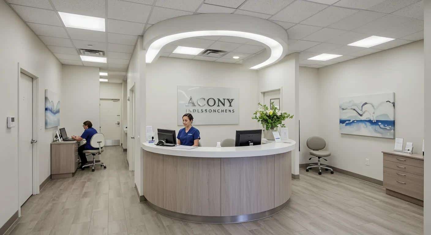 a bright, modern dental clinic reception area in cleburne, featuring friendly staff members assisting patients with ease, showcasing a welcoming atmosphere emphasizing community-focused care and personalized dental services.