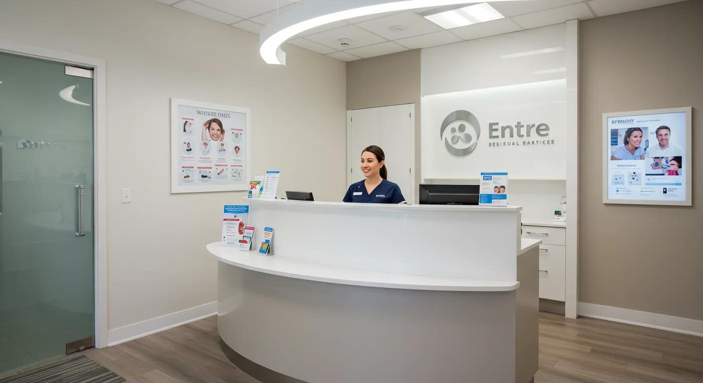 a modern dental clinic reception in lake worth, featuring a friendly staff member welcoming patients, surrounded by sleek, contemporary decor and interactive informational displays about local denture and implant services.