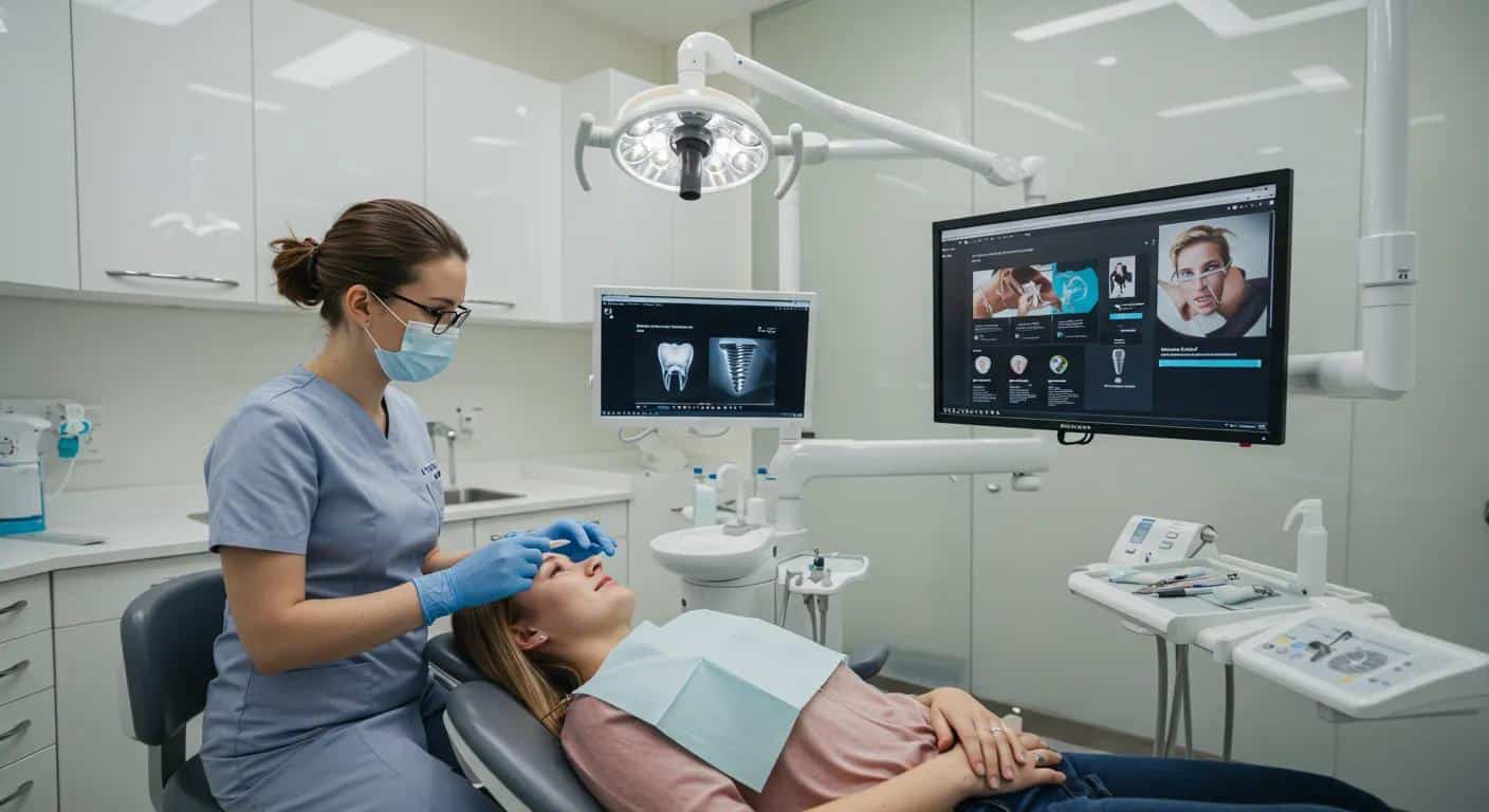 a modern dental clinic with a sleek, high-tech interior, featuring a professional dentist consulting a patient by a digital display of healing timelines and smoking guidelines after dental implant surgery.