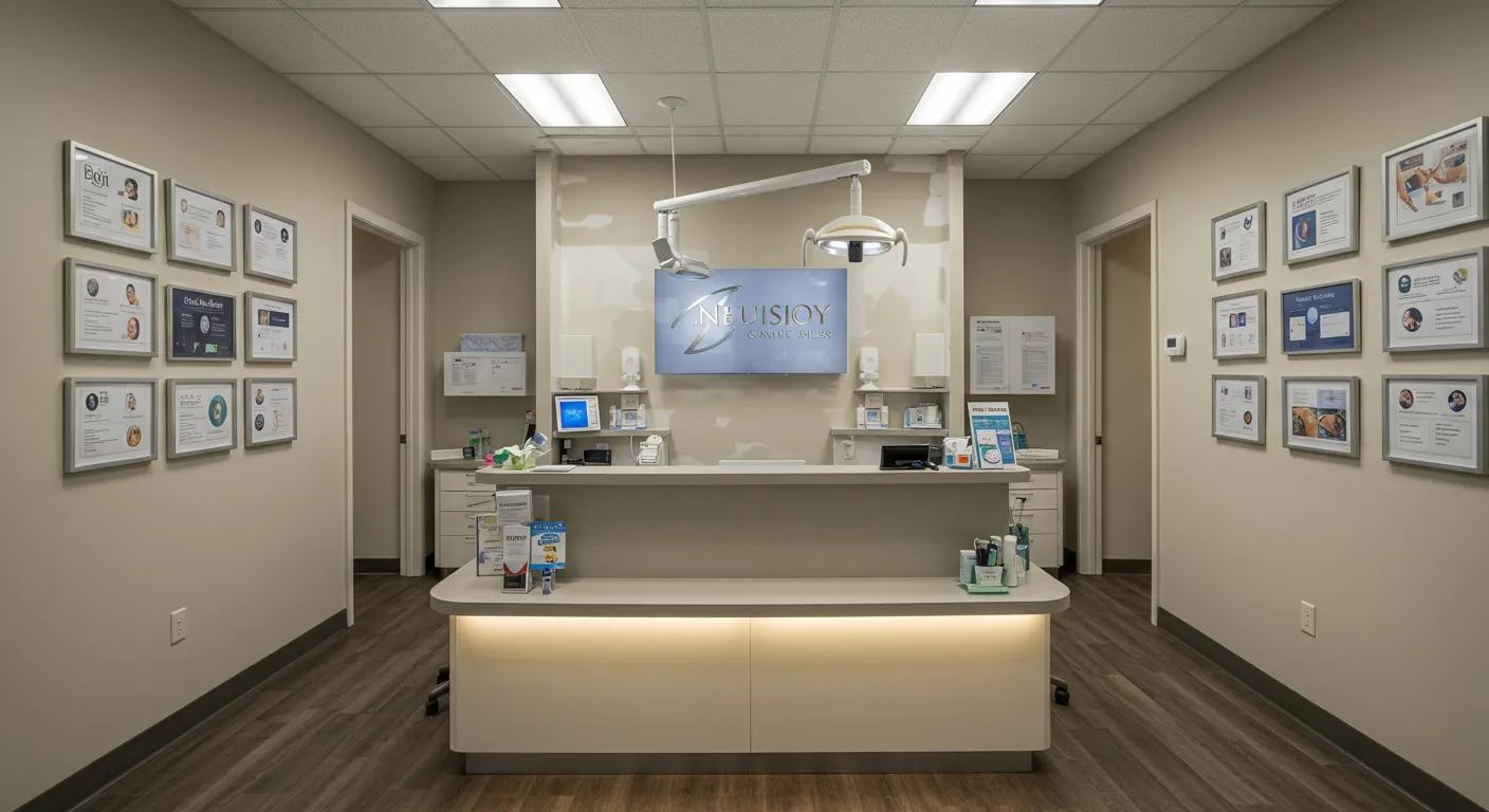 a sleek, modern dental clinic reception area is illuminated by warm lighting, showcasing high-tech dental equipment and framed patient testimonials on the walls, embodying a commitment to patient-centered care in cleburne.
