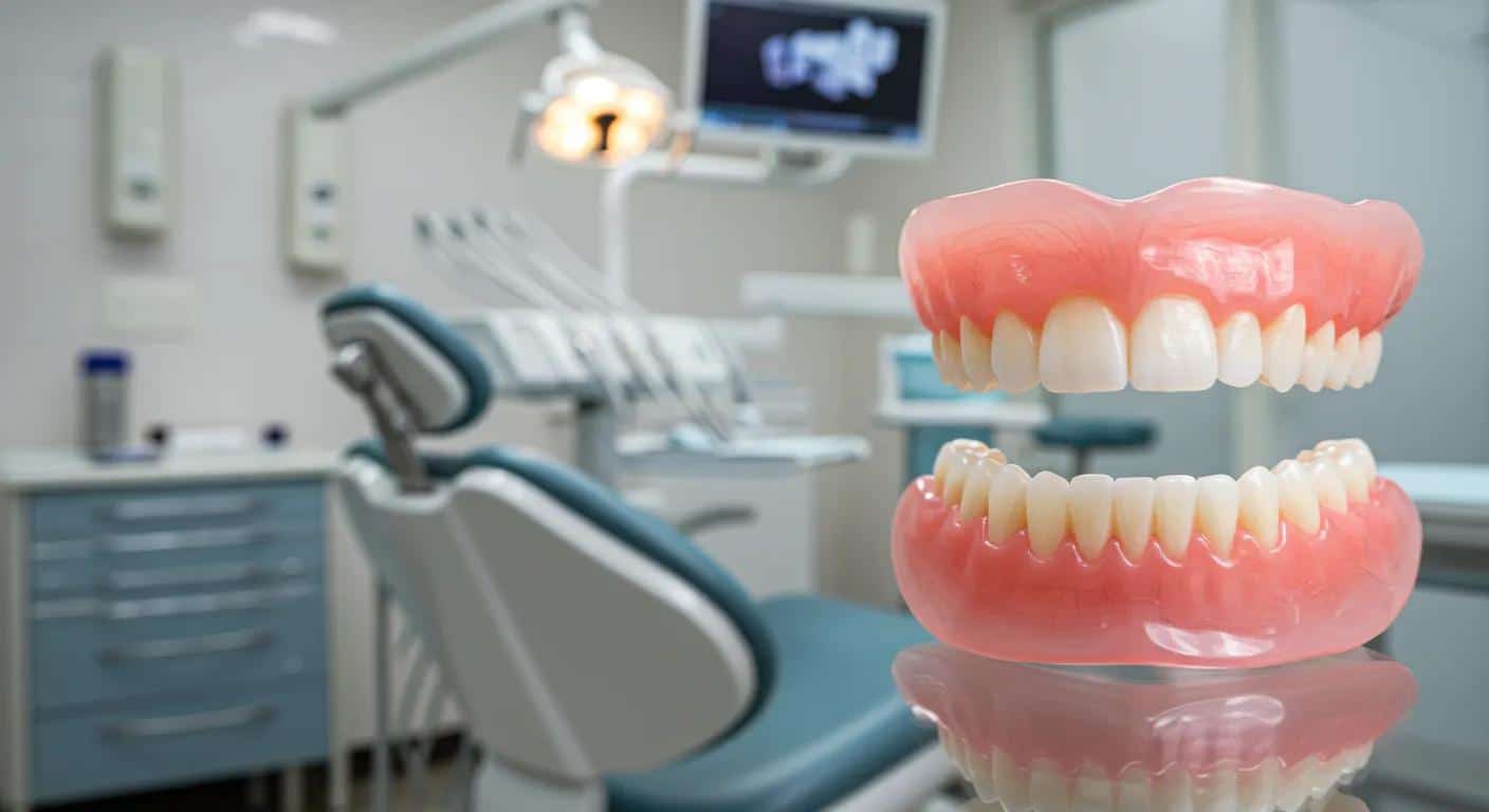 a polished dental clinic setting features a gleaming dental chair and a close-up display of a stunning set of dentures, highlighting the transformative benefits while subtly alluding to the consideration of risks involved in dental treatments.