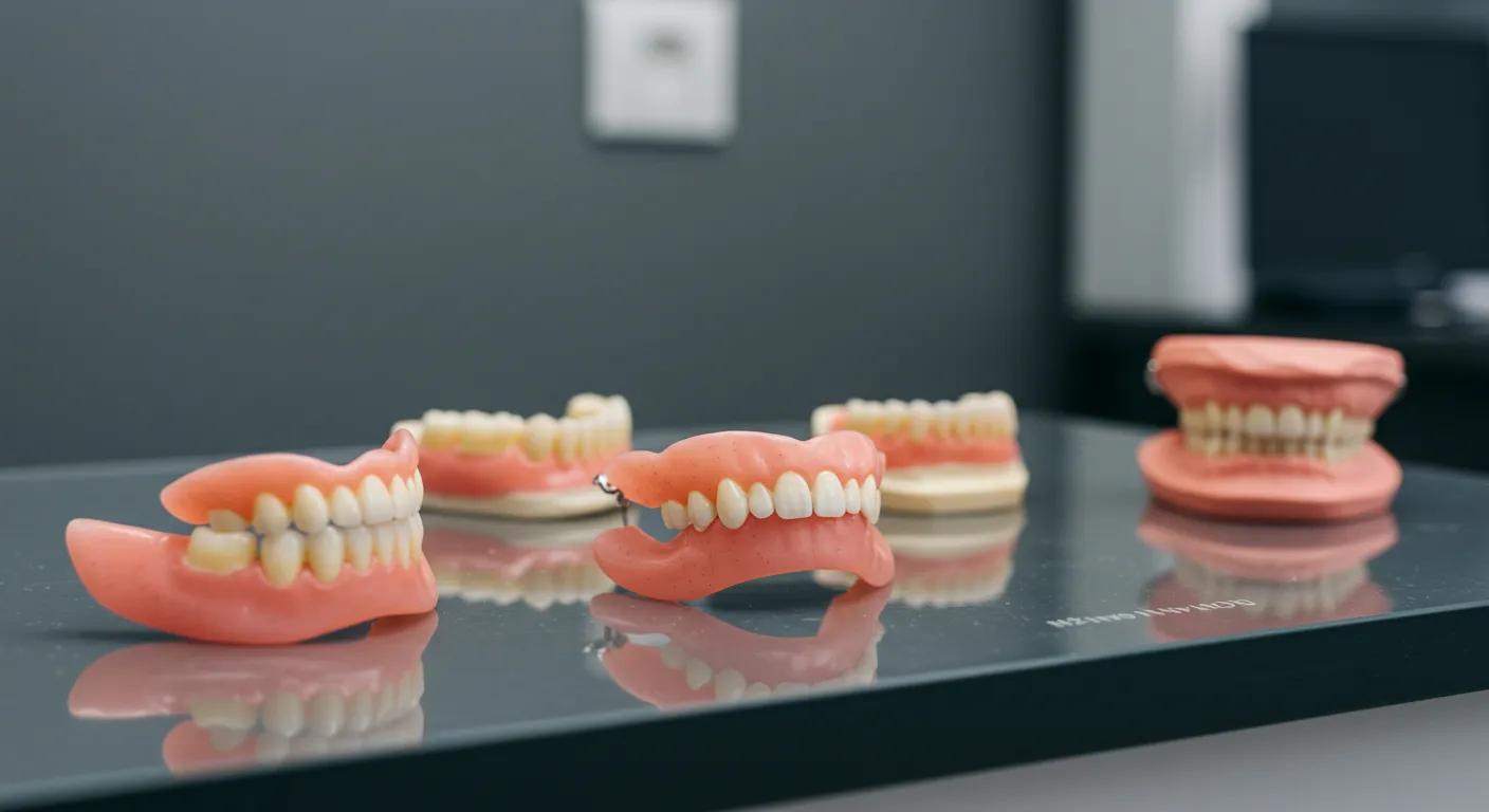 a close-up shot of a well-lit dental consultation room showcasing a variety of realistic, high-quality dentures displayed on a sleek, modern countertop, emphasizing the customized approach to dental prosthetics.
