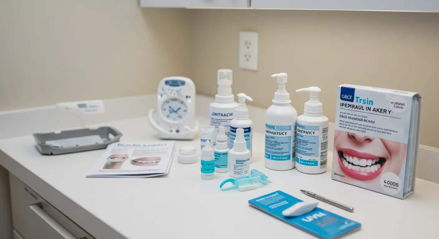 a brightly lit dental office showcases a sleek countertop with an array of denture care supplies, including cleaning solutions and a care guide, emphasizing the importance of proper denture maintenance for optimal oral health.
