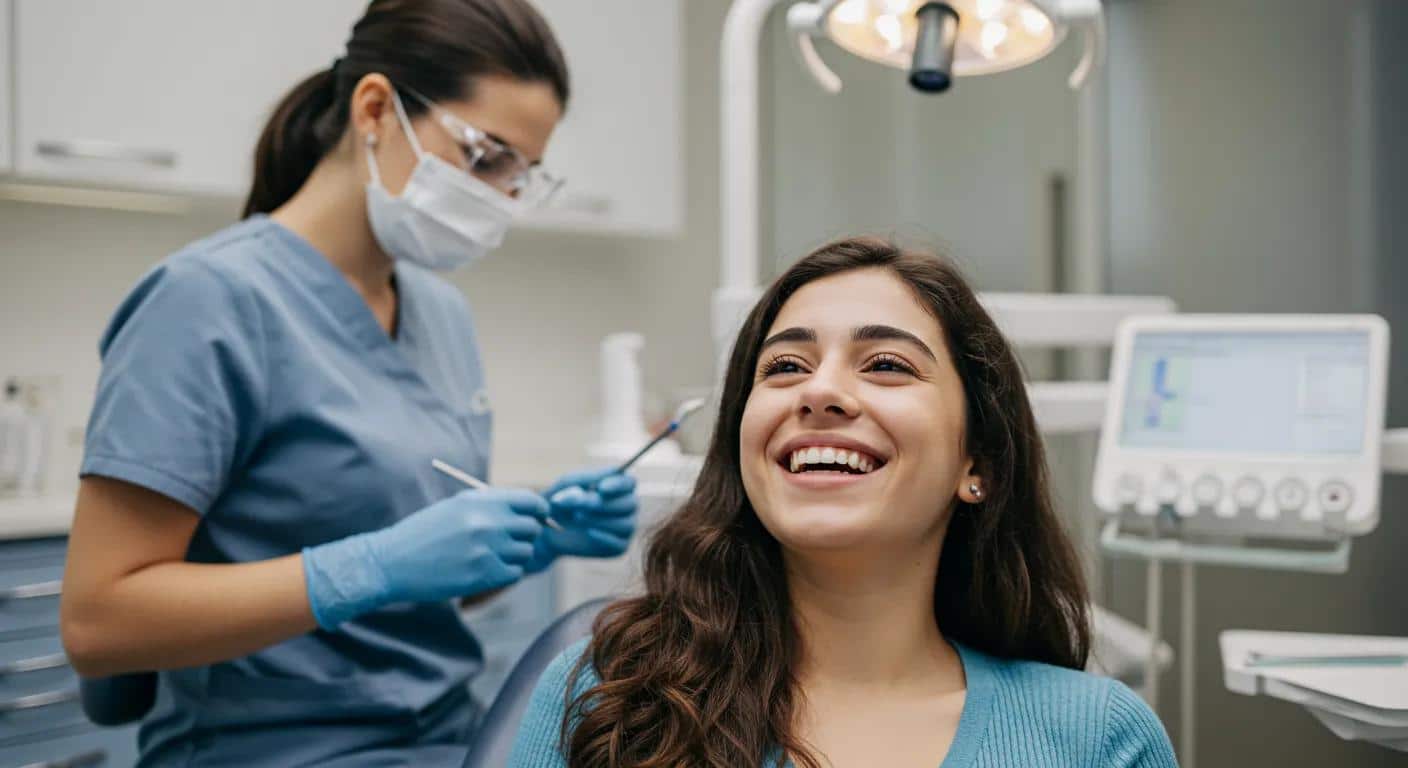 a well-lit modern dental office showcases a confident patient smiling brightly with perfectly fitted dentures, while a professional dental technician prepares advanced equipment in the background, highlighting the supportive transition to dental care.