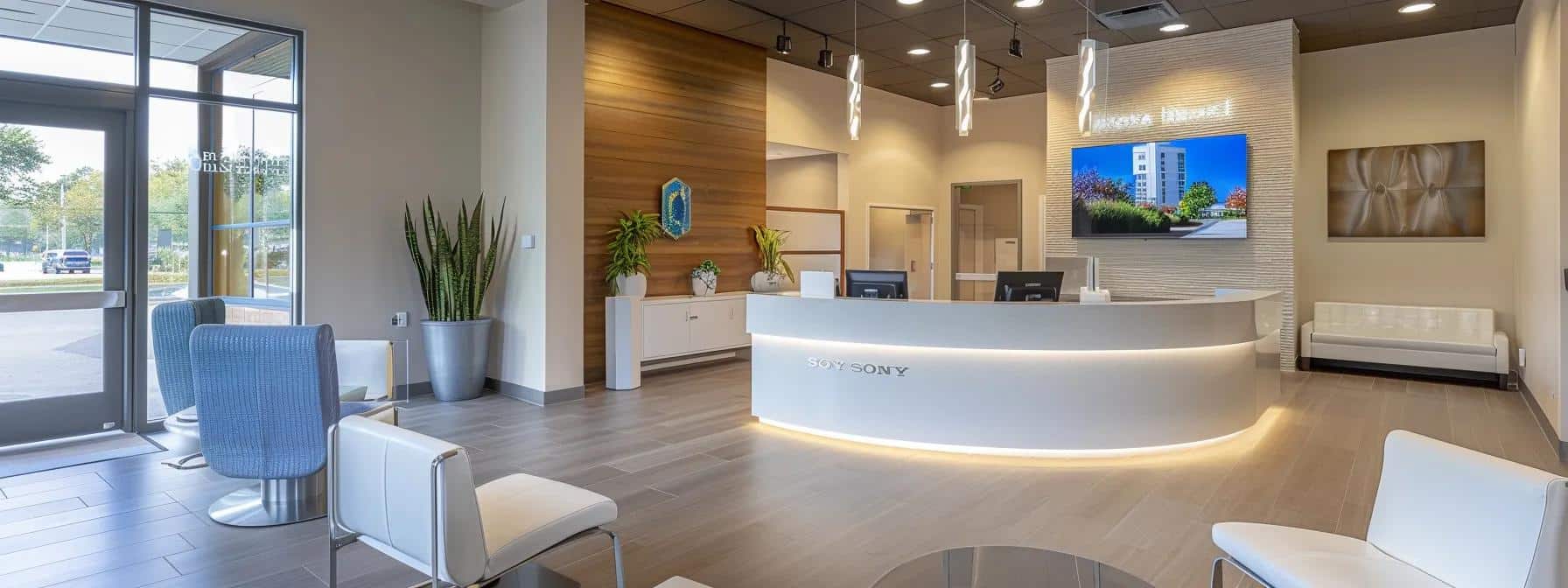 a bright, modern dental clinic in denton showcases a welcoming reception area with sleek furnishings and an inviting atmosphere, emphasizing affordability and quality in tooth replacement services.