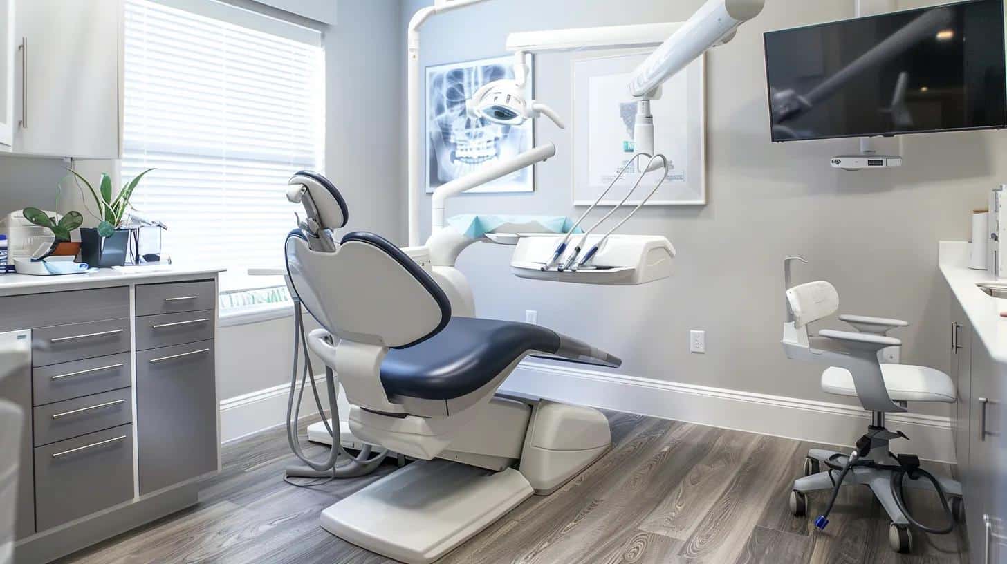 a bright, modern dental office features a sophisticated dental chair and intricate dental tools, highlighting the importance of meticulous maintenance for long-lasting dental implants.