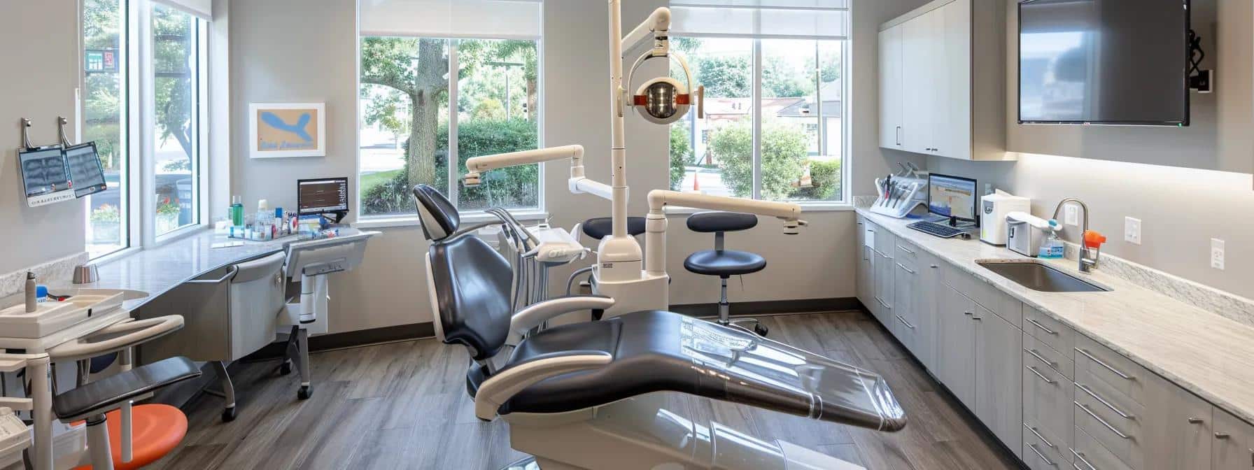 a bright, modern dental office with a welcoming atmosphere, featuring a consultation area where an attentive dentist discusses dentures with a patient, reflecting trust and accessibility in dental care choices.