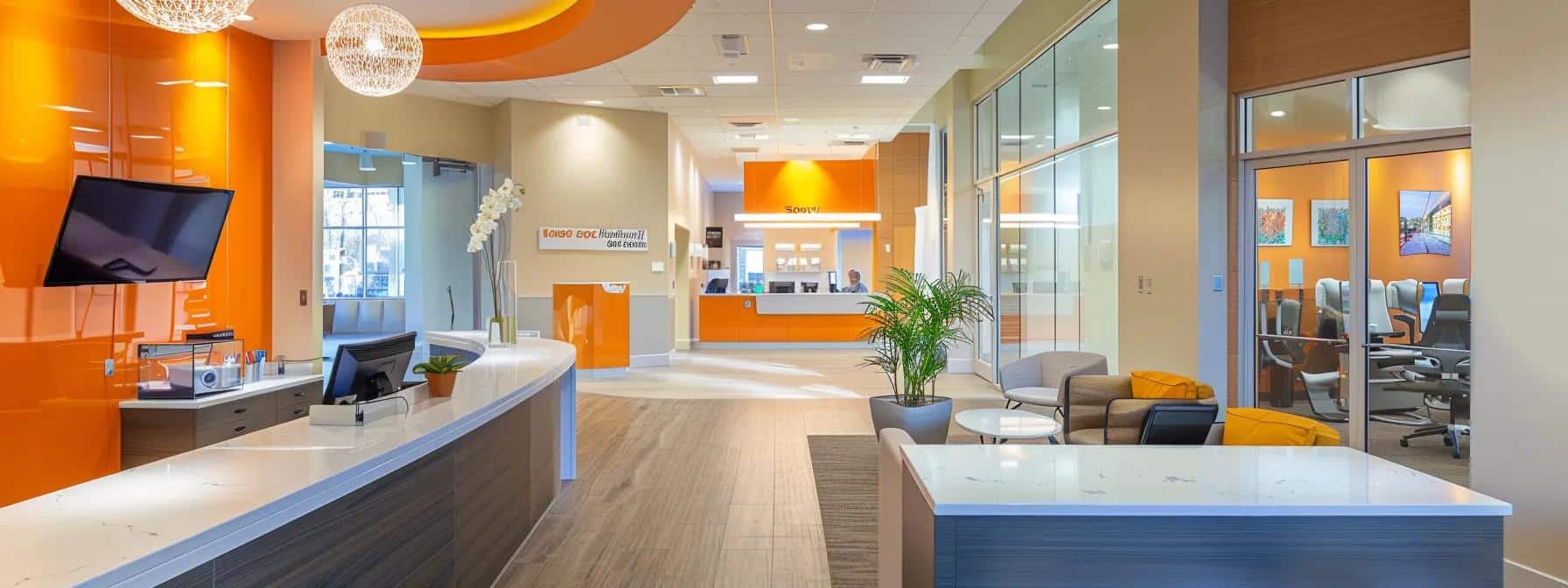 a bright, modern dental office showcases a welcoming consultation area with sleek furnishings, where a patient engages in a detailed discussion about advanced tooth replacement options, emphasizing the blend of affordable quality and cutting-edge dental solutions.