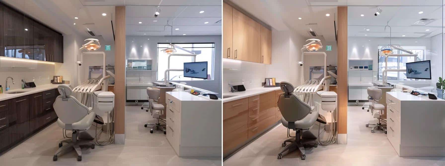 a clean, modern dental clinic setting showcases a side-by-side comparison of all-on-4 dental implants and traditional dentures, emphasizing the innovative technology and design of the implants against the traditional, bulky appearance of dentures.