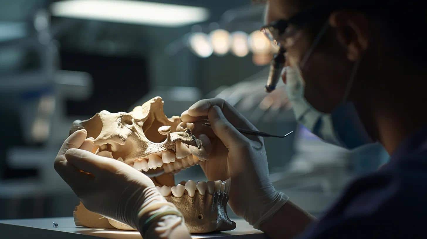 a clinical dental office scene captures a dental surgeon diligently examining a detailed 3d model of a jawbone, highlighting the precision and complexity required in dental implant procedures under focused, artificial lighting.