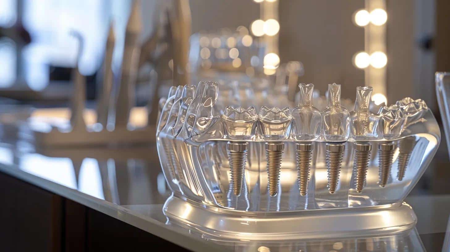 a close-up of advanced titanium dental implants elegantly displayed on a sleek, modern glass countertop, with soft studio lighting highlighting their intricate design and surface treatment details, emphasizes the innovation in dental technology.
