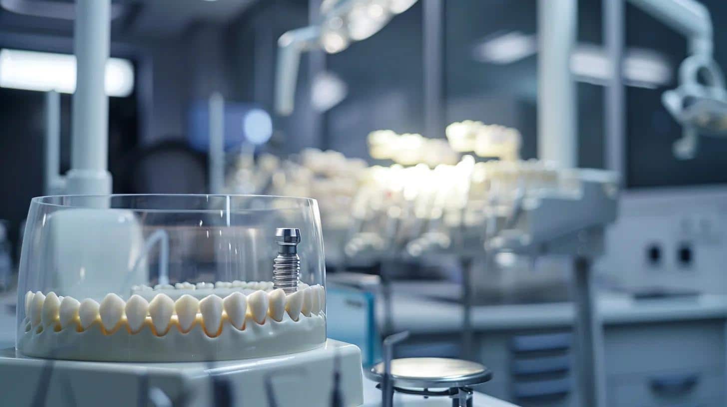 a close-up of a modern dental office, showcasing a gleaming titanium dental implant and a detailed surgical model, conveying precision, durability, and the advanced technology behind implant dentistry.
