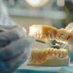 a close-up view of a dental office, featuring a patient in a dental chair as an expert dentist examines a detailed model of dental implants, highlighting the intricate design and potential food entrapment areas under the implants, with bright, clinical lighting emphasizing the professionalism of the environment.