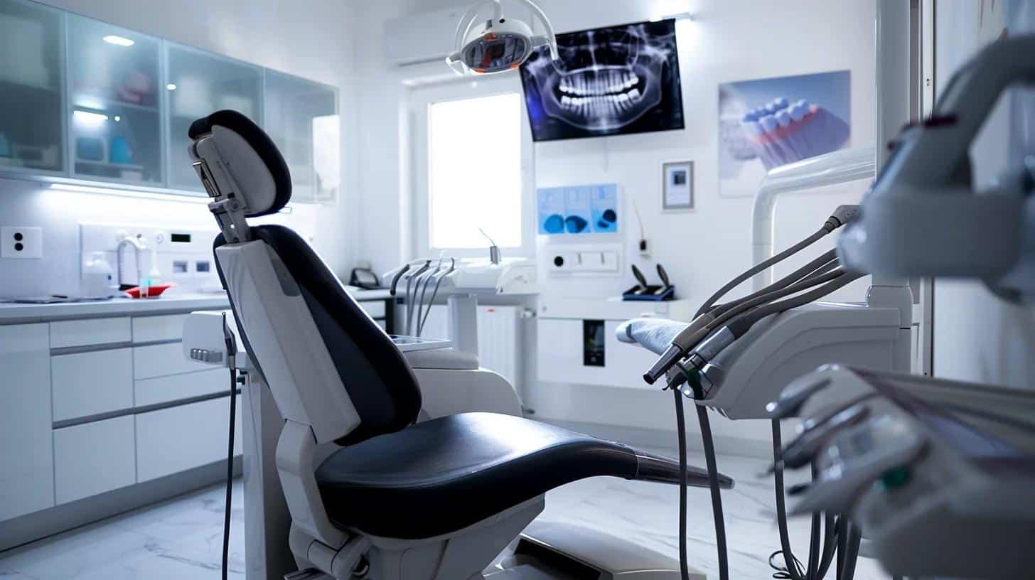a close-up view of a dental office featuring a sleek, modern dental chair and advanced imaging equipment, with a dentist discussing dental implants with a patient seated in the chair, emphasizing a professional and clinical atmosphere.