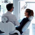 a confident middle-aged individual in a modern dental office, seated in a sleek dental chair, is engaged in an informative consultation about transitioning from dentures to dental implants, surrounded by high-tech equipment and a supportive dental professional.