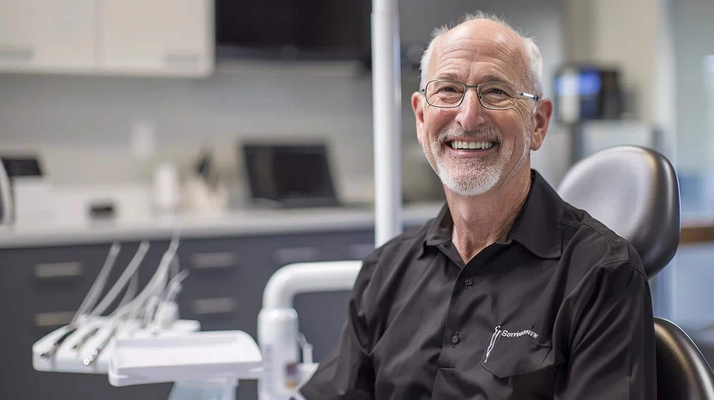 a confident middle-aged patient in a sleek dental office smiles broadly, showcasing their meticulously restored dental implants, with a backdrop of modern dental technology and clinical professionalism.