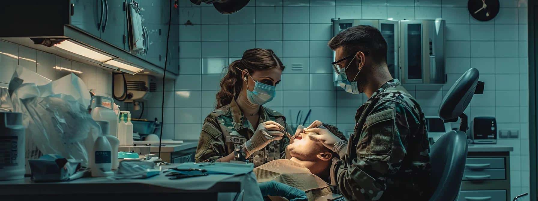 a focused and visually striking scene in a military recruitment office displays a determined candidate undergoing a dental examination, with sharp, clinical lighting accentuating the dental equipment to emphasize the importance of oral health in meeting army standards for physical and tactical demands.
