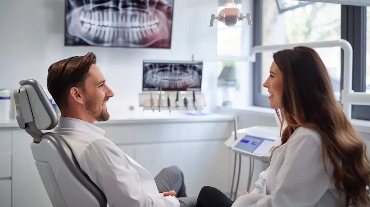a focused dental consultation in a modern clinic, showcasing a professional discussing dental implant options with a patient, both seated comfortably in a well-lit, sleek office environment.