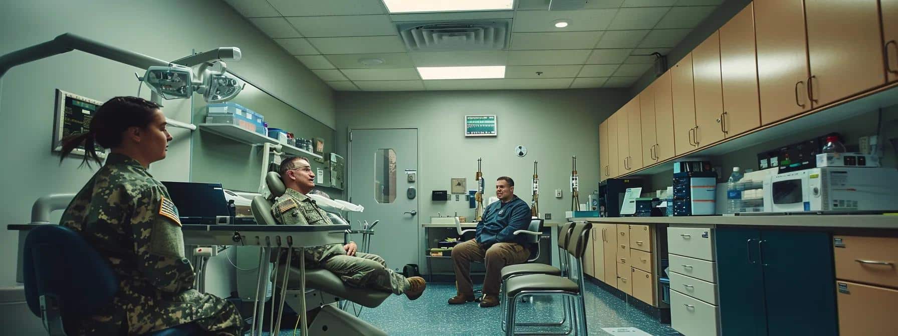a focused, professional dental consultation room showcases a soldier-in-uniform discussing denture options with a dental specialist, emphasizing the critical considerations of oral health for military readiness.