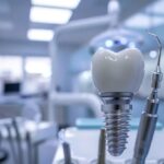 a gleaming dental implant displayed prominently in a sleek, modern dental office, highlighting the importance of dental care with a backdrop of polished instruments and calming blue tones.