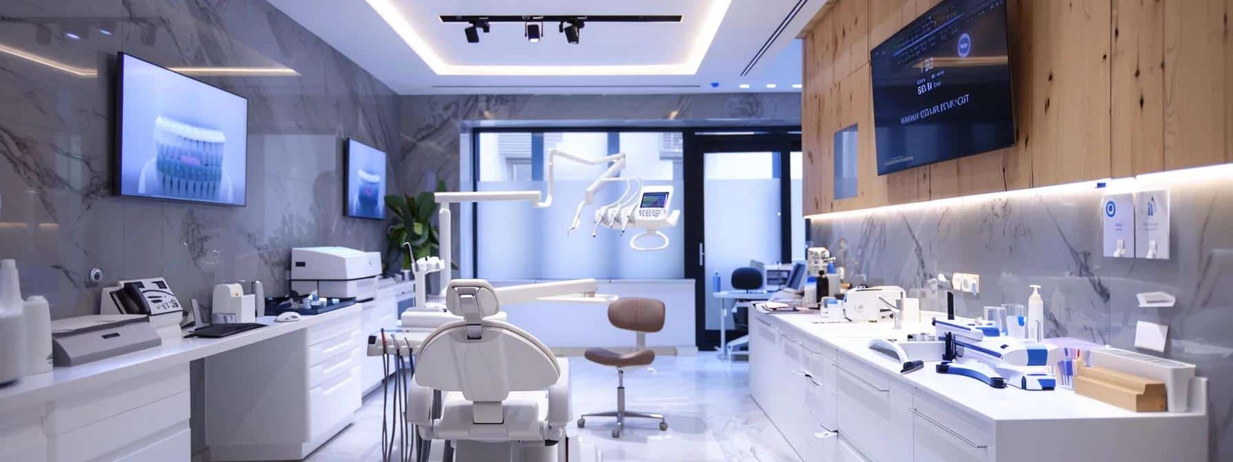 a modern dental clinic adorned with sleek equipment, featuring a knowledgeable dentist demonstrating oral hygiene techniques with an emphasis on protective strategies for dental implants, illuminated by clinical led lights.