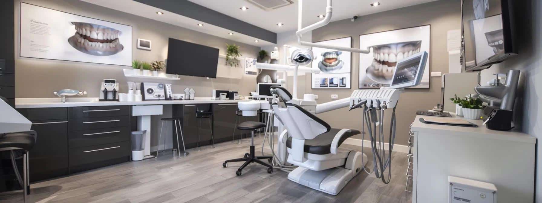 a modern dental clinic bustling with activity, featuring a confident patient consulting with a dentist about dentures and dental implants, surrounded by advanced dental equipment and informative posters on tooth restoration options.