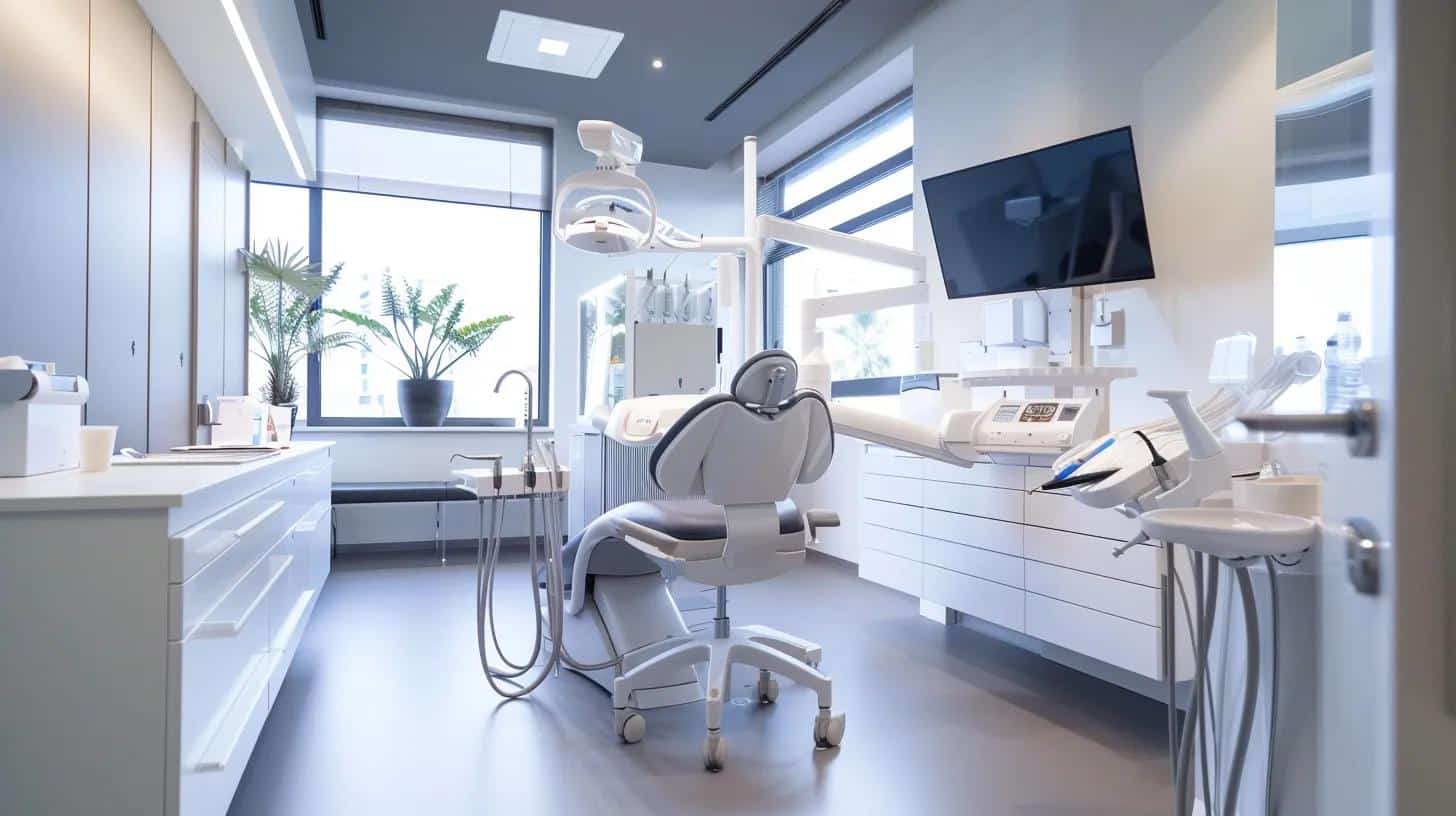 a modern dental clinic equipped with sleek, high-tech equipment, featuring a patient reclining comfortably in a dental chair, as a professional discusses the essentials of dental implant maintenance.
