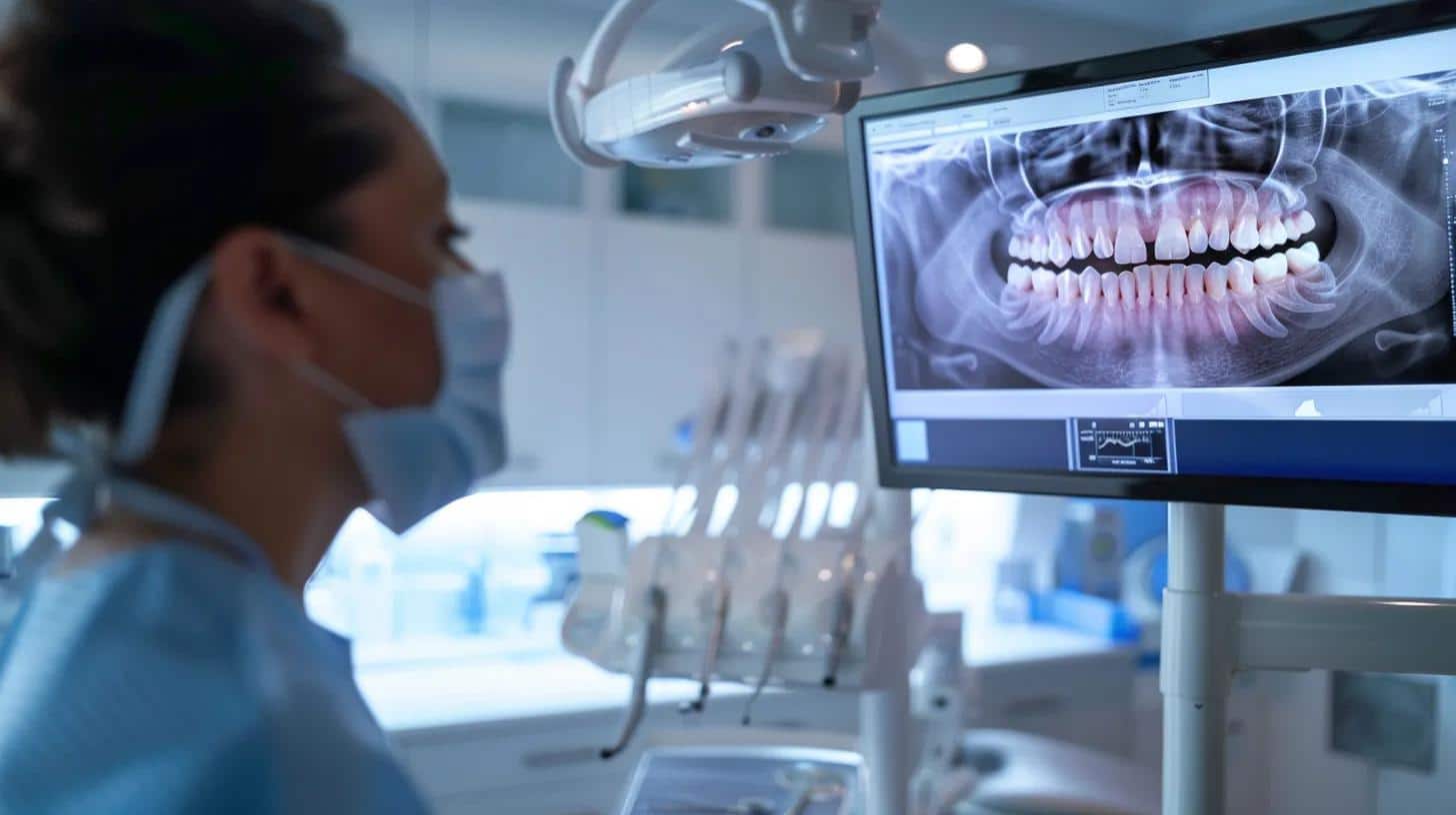 a modern dental clinic featuring a meticulous surgeon analyzing advanced imaging technology on a large screen, highlighting the precision needed in dental implant procedures to ensure high success rates and minimize failures.