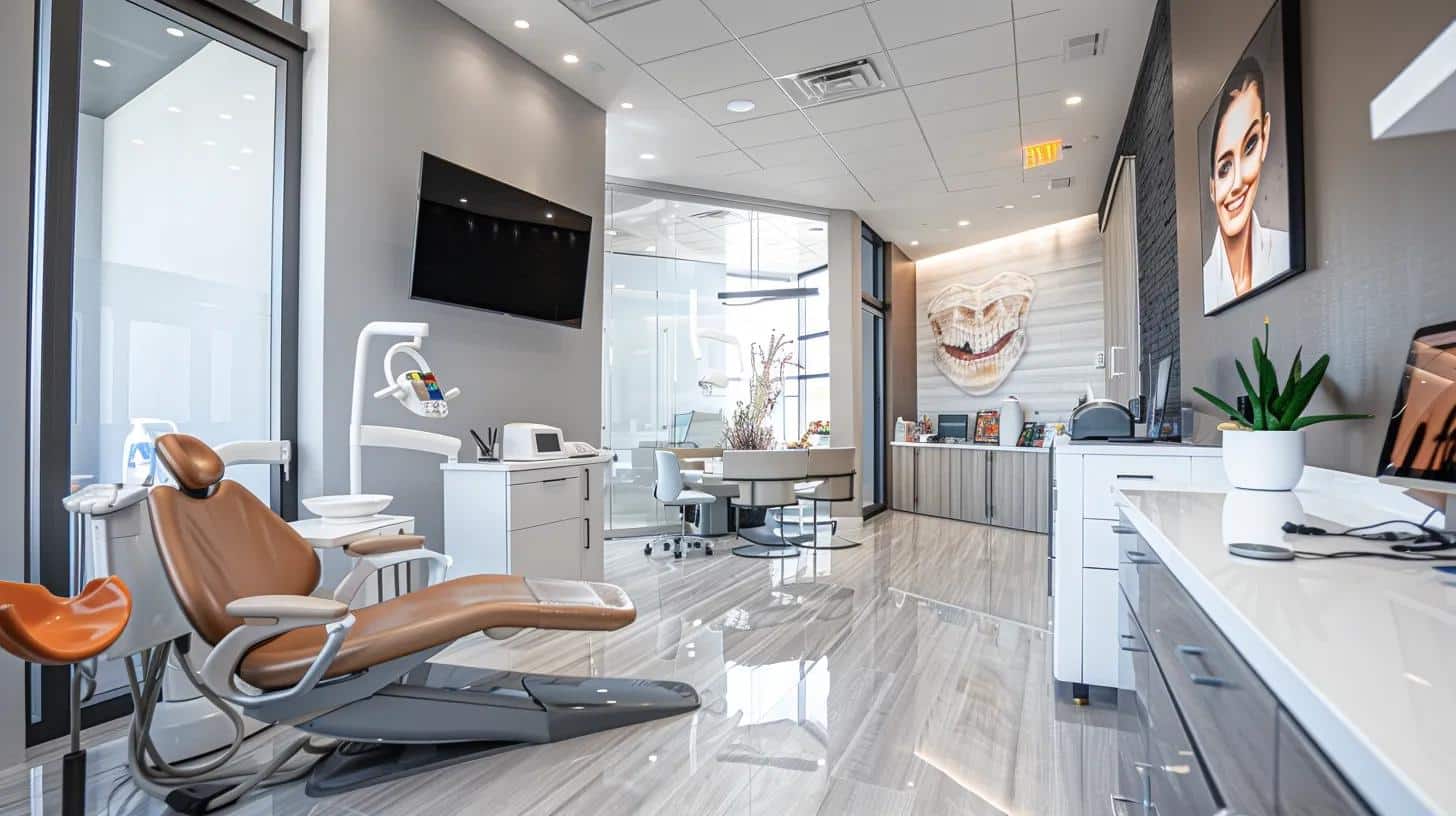 a modern dental clinic featuring a confident patient smiling with radiantly natural-looking dental implants, while a professional dentist discusses various implant options at an elegantly designed consultation area, bathed in warm, inviting lighting.
