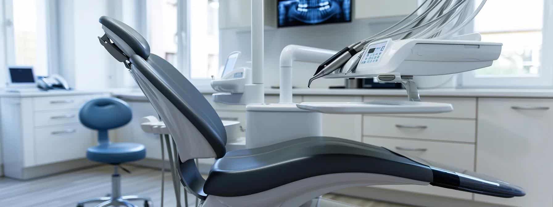 a modern dental clinic featuring a sleek, high-tech dental chair with advanced imaging equipment in the background, emphasizing the precision and innovation involved in the dental implant procedure.