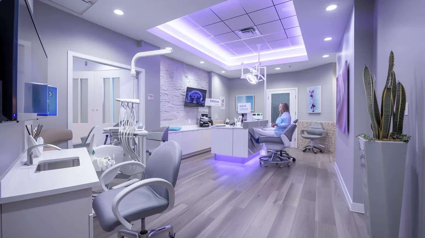 a modern dental clinic in lake worth, featuring cutting-edge equipment and a welcoming reception area, highlighting a confident patient consulting with a knowledgeable dental implant specialist amidst a backdrop of sleek interiors and advanced technology.
