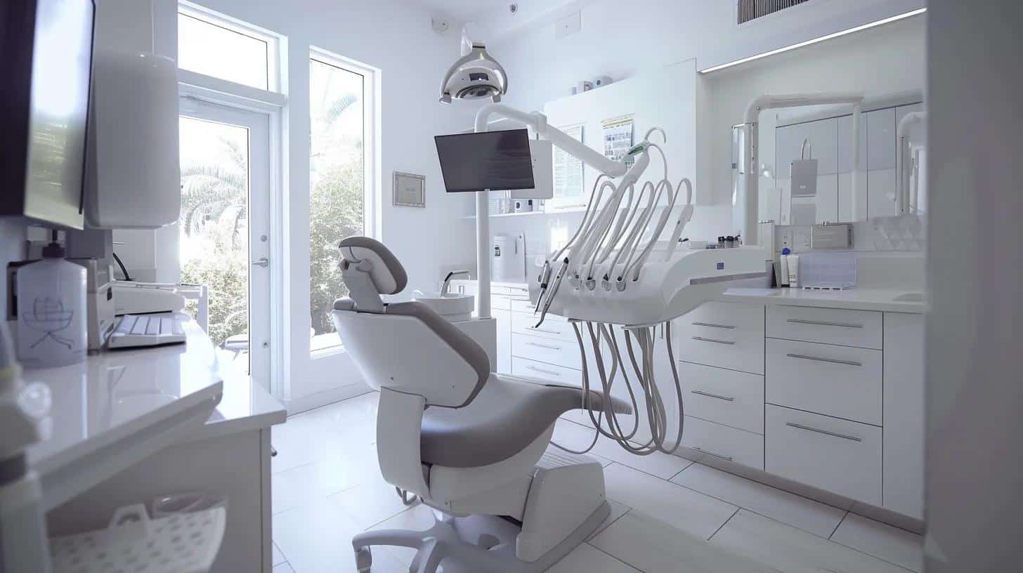 a modern dental clinic in lake worth, featuring a sleek, minimalist interior with high-tech dental equipment prominently displayed, conveying a sense of professionalism and cutting-edge care for patients considering dental implants.