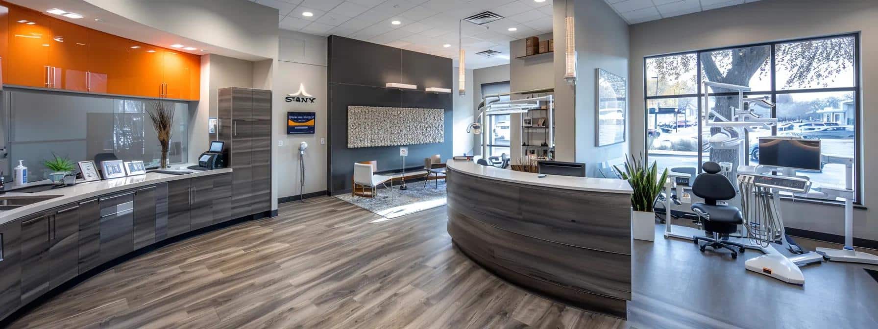 a modern dental clinic in denton features a sleek consultation area, showcasing an array of lifelike dentures displayed on a stylish countertop, highlighting the various options available for patients.