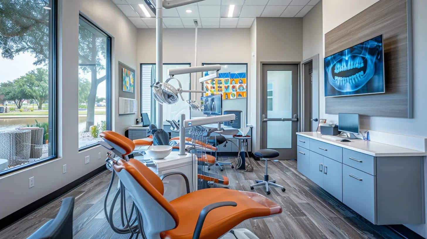 a modern dental clinic in lake worth, tx, features a bright, inviting treatment room equipped with advanced dental technology, showcasing a patient confidently discussing their personalized dental implant options with a professional.
