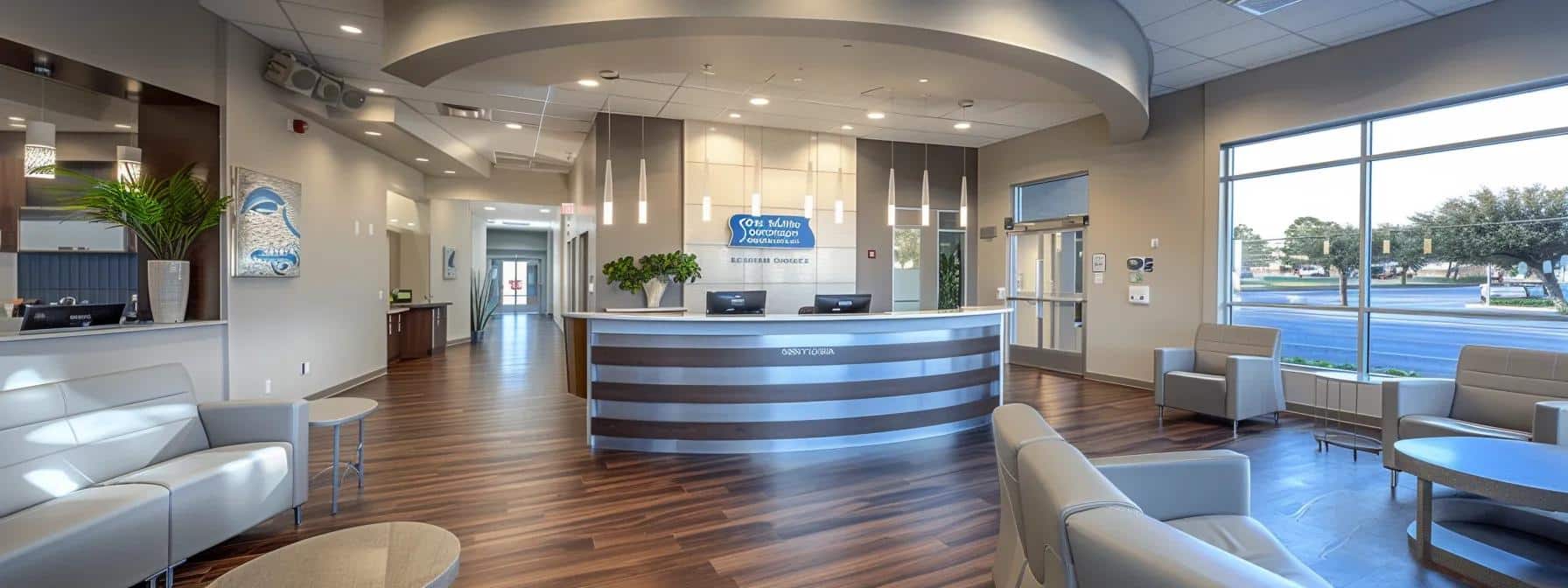 a modern dental clinic in denton, tx, features a warm, inviting reception area with sleek furnishings, showcasing promotional materials for affordable dentures and dental implants, illuminated by soft, professional lighting to emphasize comfort and accessibility.