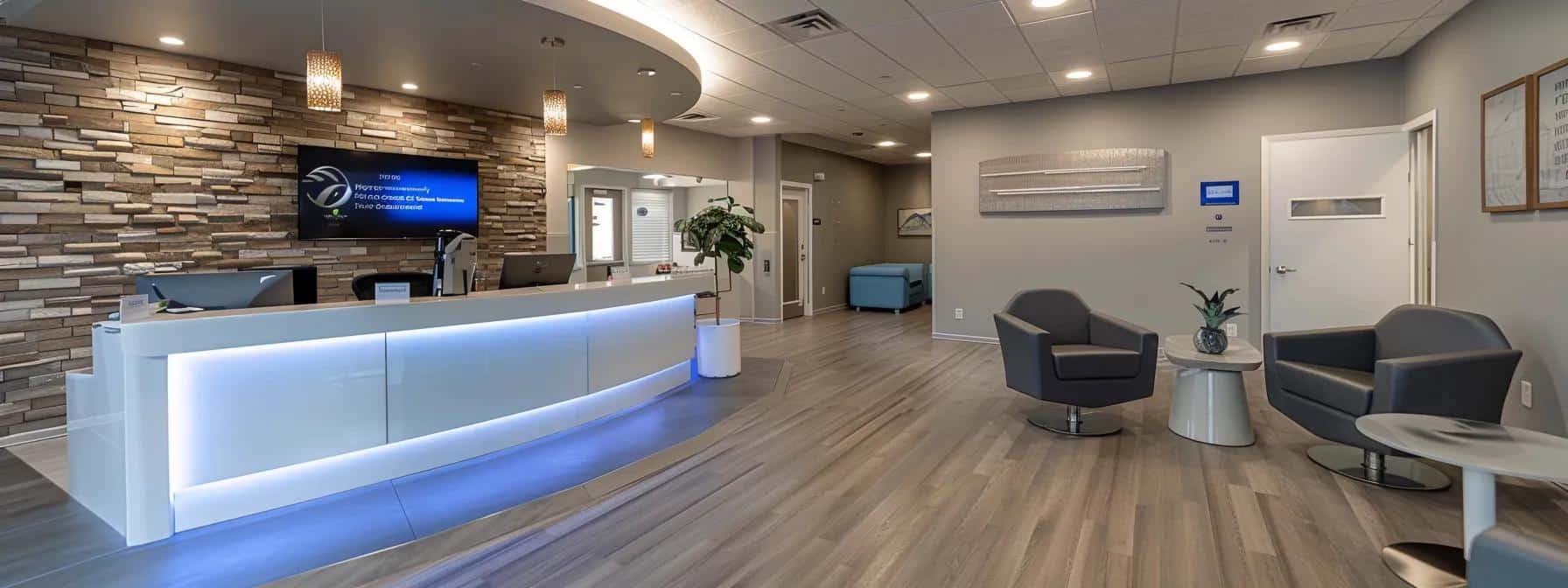 a modern dental clinic in denton featuring a welcoming reception area, with a large digital display showcasing affordable denture and dental implant financing options, illuminated by soft, professional lighting that conveys a sense of trust and comfort.
