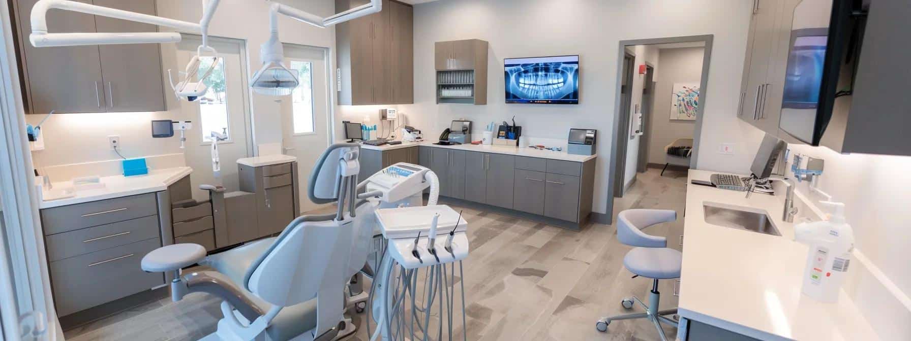 a modern dental clinic in denton, featuring a professional dentist discussing tooth replacement options with a patient, showcasing dental implants and dentures prominently displayed on a sleek countertop, with a bright and clean interior that emphasizes a sense of care and advanced technology.