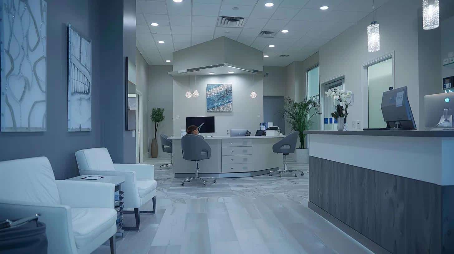 a modern dental clinic in lake worth featuring a sleek consultation area, where a dentist discusses dental implant options with a patient, illuminated by bright, inviting lighting that emphasizes professionalism and patient care.