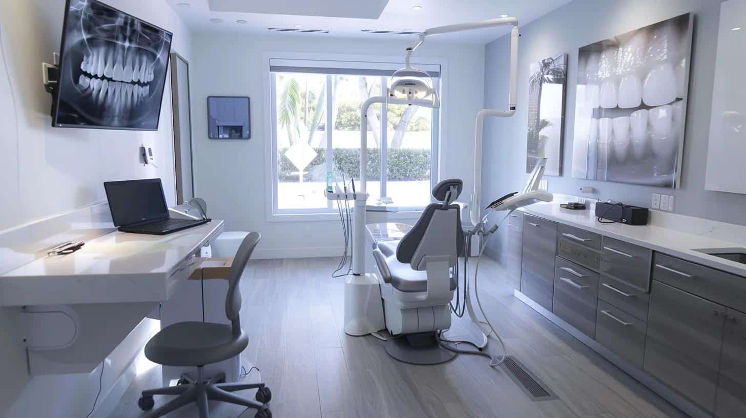 a modern dental clinic in lake worth showcases a sleek consultation room with advanced digital imaging technology, where a patient discusses personalized dental implant options with a board-certified specialist, emphasizing professionalism and patient-centered care.