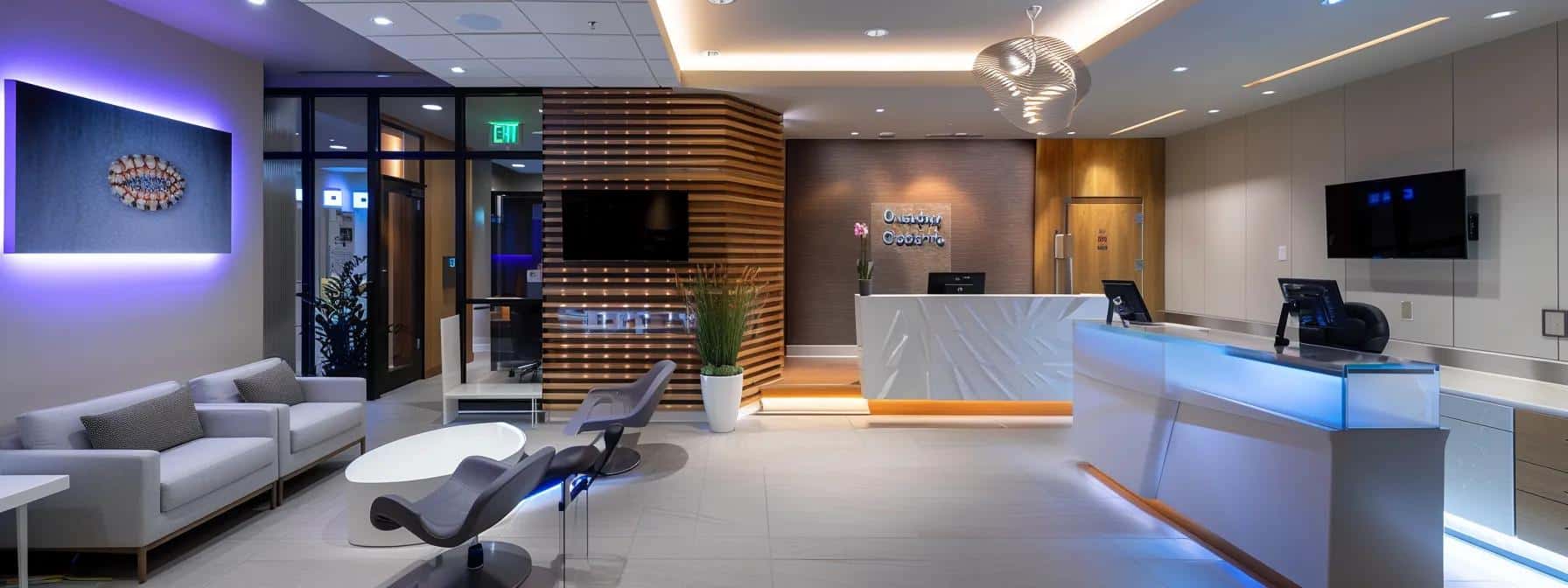 a modern dental clinic in denton, featuring a bright, inviting reception area with sleek furnishings, where a patient interacts with a friendly dentist discussing cost-effective dental implants and dentures, illuminated by warm artificial lighting.